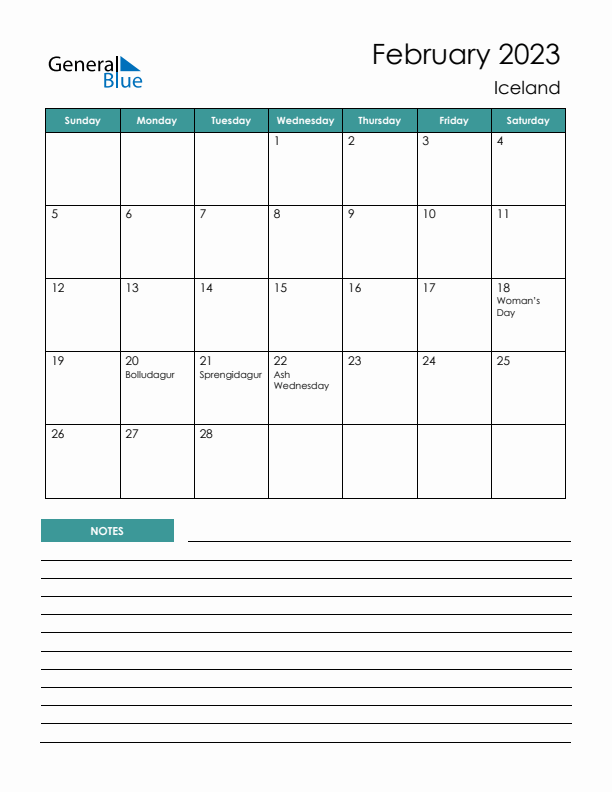 Calendar with Notes Printable - Sunday Start