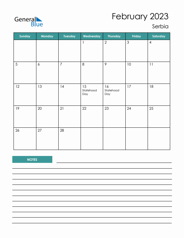 Calendar with Notes Printable - Sunday Start