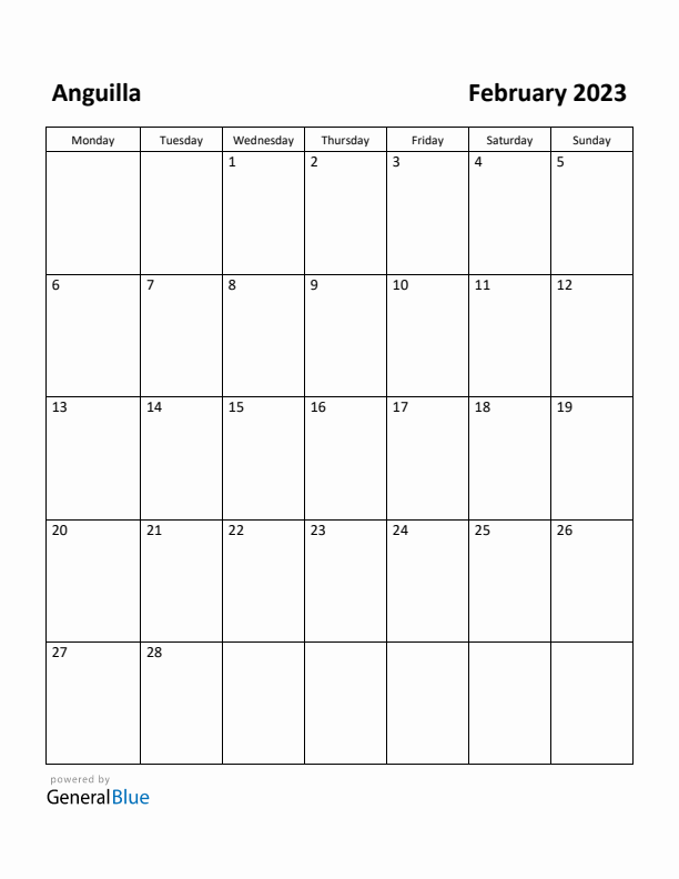 February 2023 Calendar with Anguilla Holidays