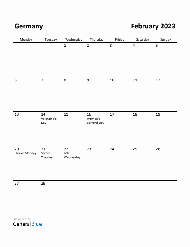 February 2023 Calendar with Germany Holidays