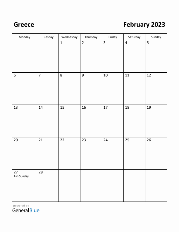 February 2023 Calendar with Greece Holidays