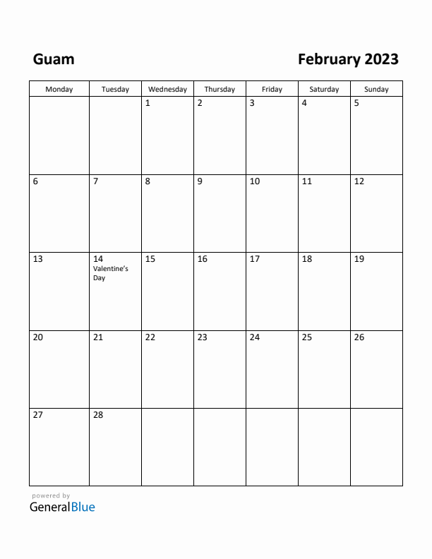 February 2023 Calendar with Guam Holidays