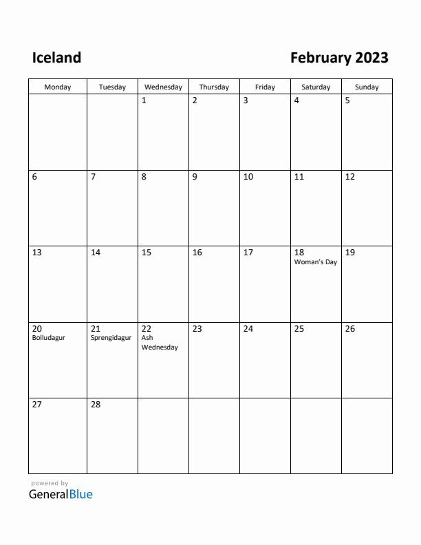 February 2023 Calendar with Iceland Holidays