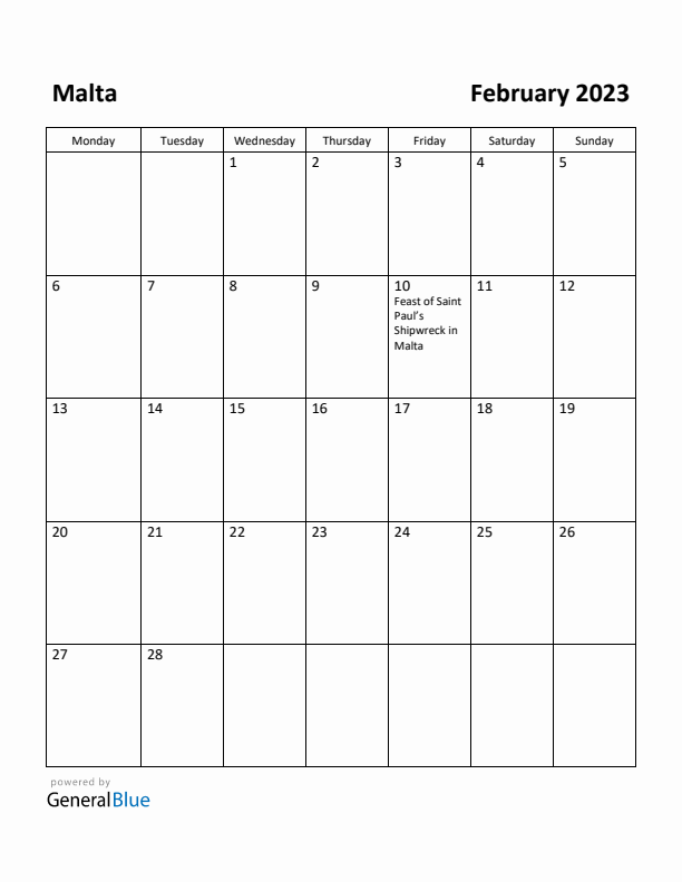 February 2023 Calendar with Malta Holidays