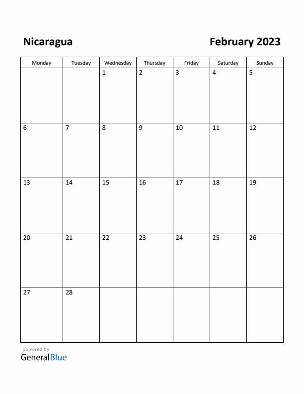 February 2023 Calendar with Nicaragua Holidays