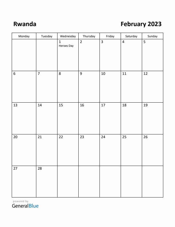 February 2023 Calendar with Rwanda Holidays