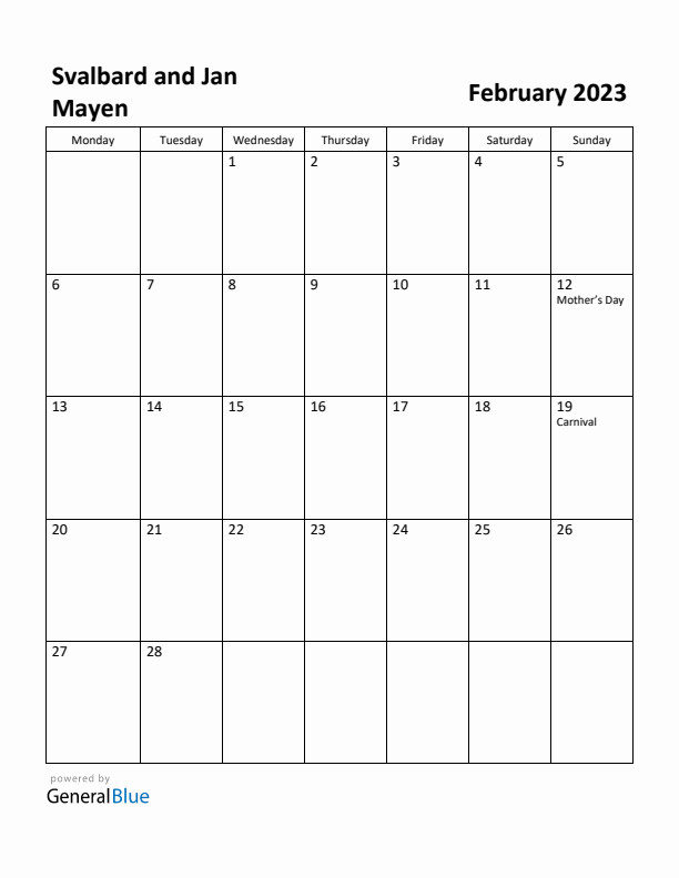 February 2023 Calendar with Svalbard and Jan Mayen Holidays