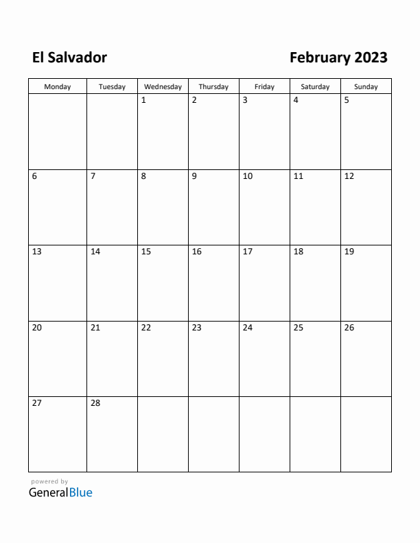 February 2023 Calendar with El Salvador Holidays