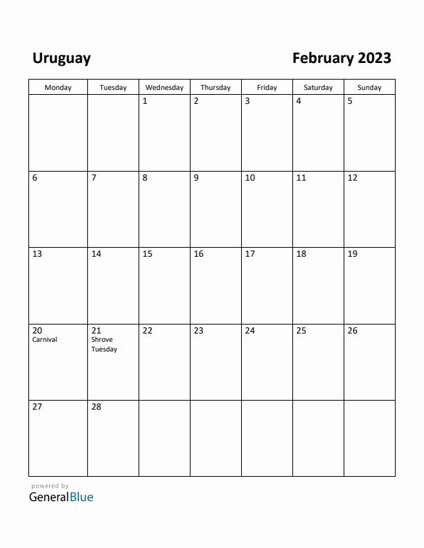 February 2023 Calendar with Uruguay Holidays