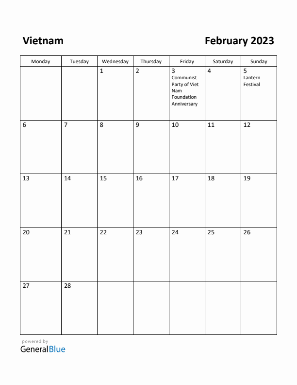 February 2023 Calendar with Vietnam Holidays