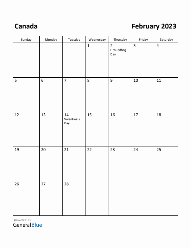 February 2023 Calendar with Canada Holidays