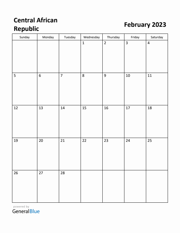 February 2023 Calendar with Central African Republic Holidays