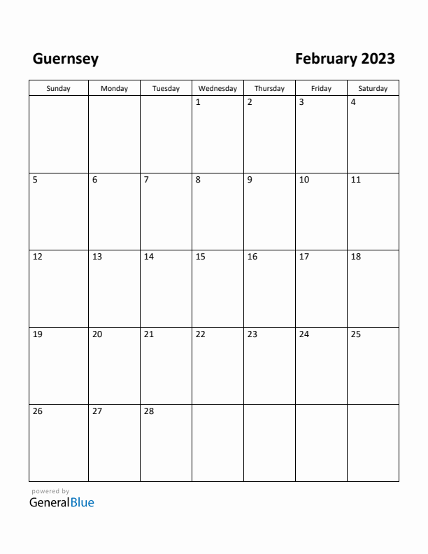 February 2023 Calendar with Guernsey Holidays