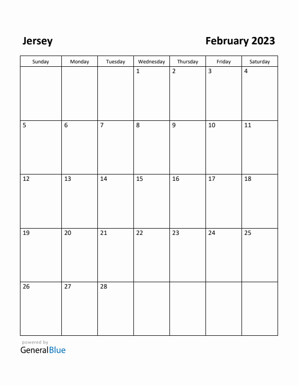 February 2023 Calendar with Jersey Holidays