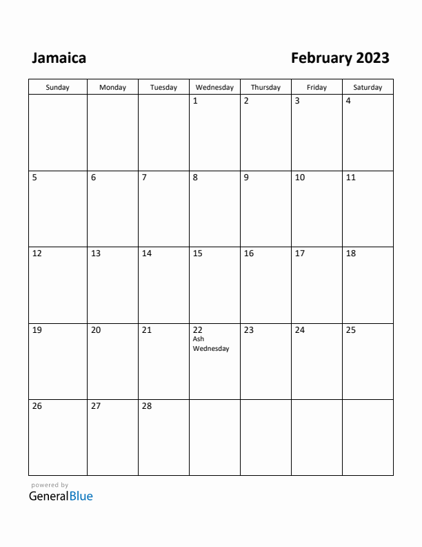 February 2023 Calendar with Jamaica Holidays