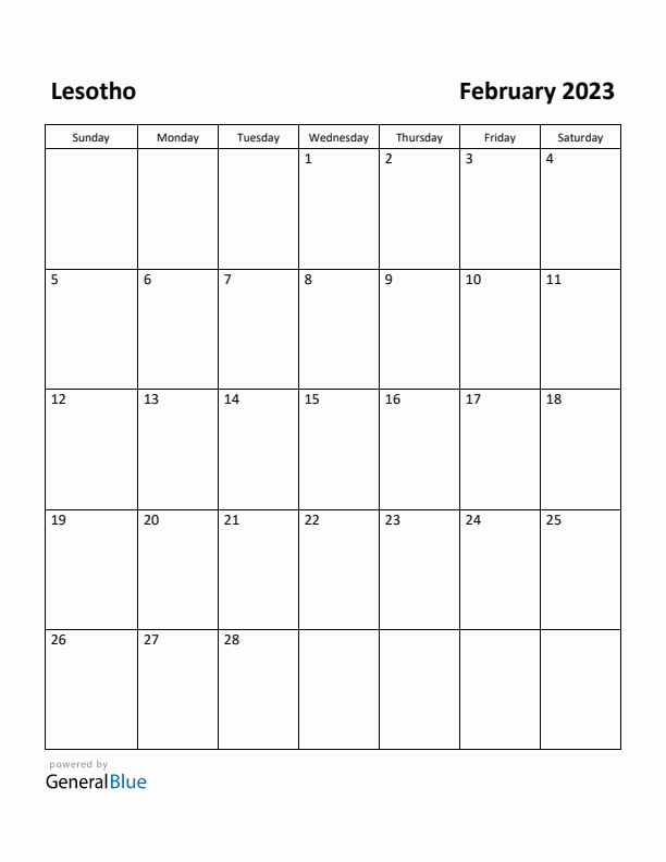 February 2023 Calendar with Lesotho Holidays