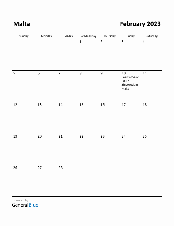 February 2023 Calendar with Malta Holidays