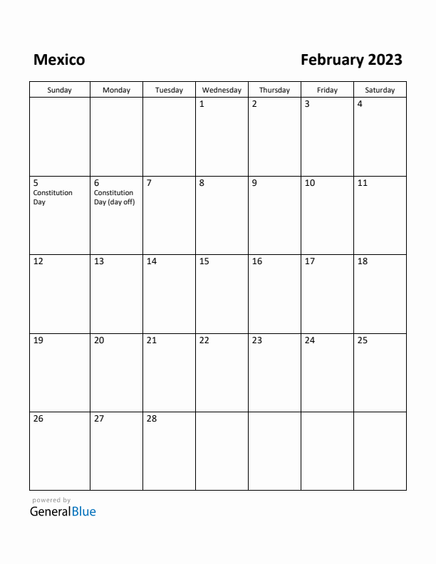 February 2023 Calendar with Mexico Holidays