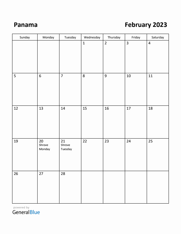 February 2023 Calendar with Panama Holidays