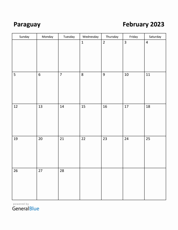 February 2023 Calendar with Paraguay Holidays