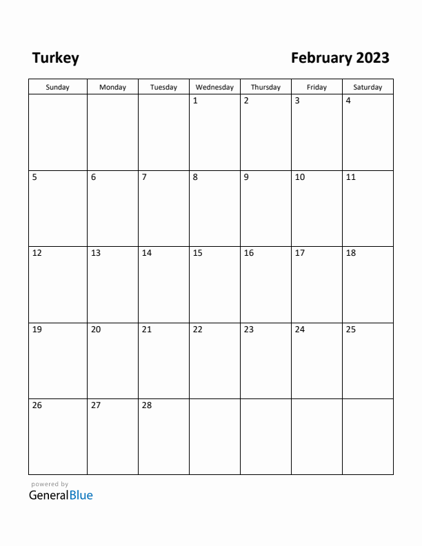 February 2023 Calendar with Turkey Holidays