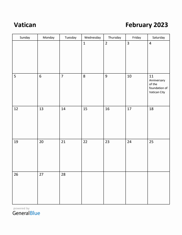 February 2023 Calendar with Vatican Holidays