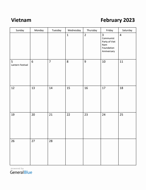 February 2023 Calendar with Vietnam Holidays