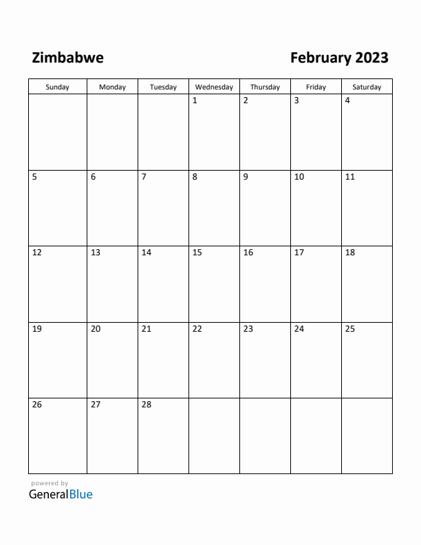 February 2023 Calendar with Zimbabwe Holidays