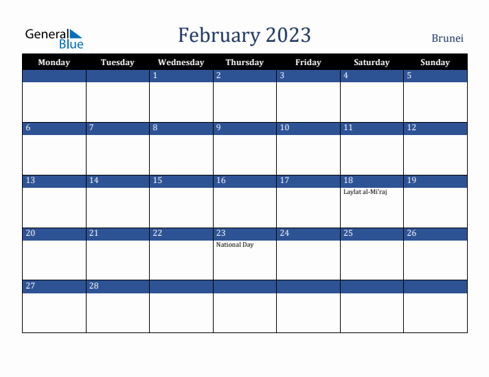 February 2023 Brunei Calendar (Monday Start)