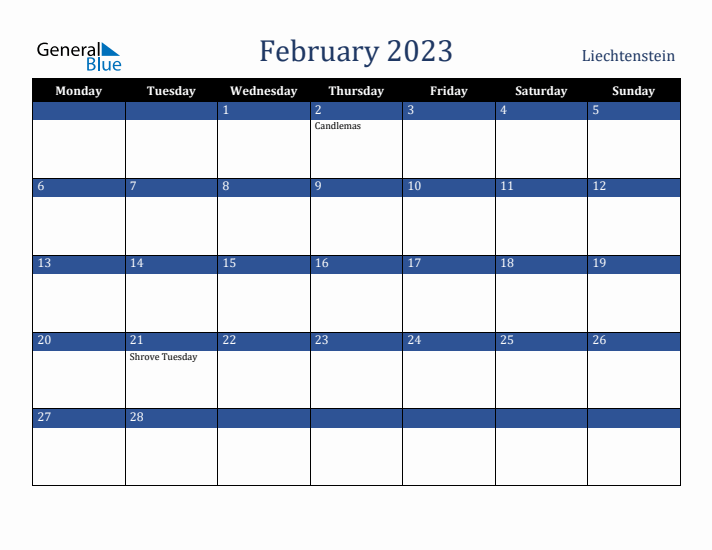 February 2023 Liechtenstein Calendar (Monday Start)