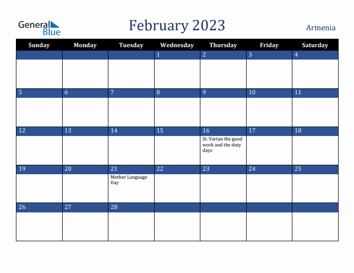 February 2023 Armenia Calendar (Sunday Start)