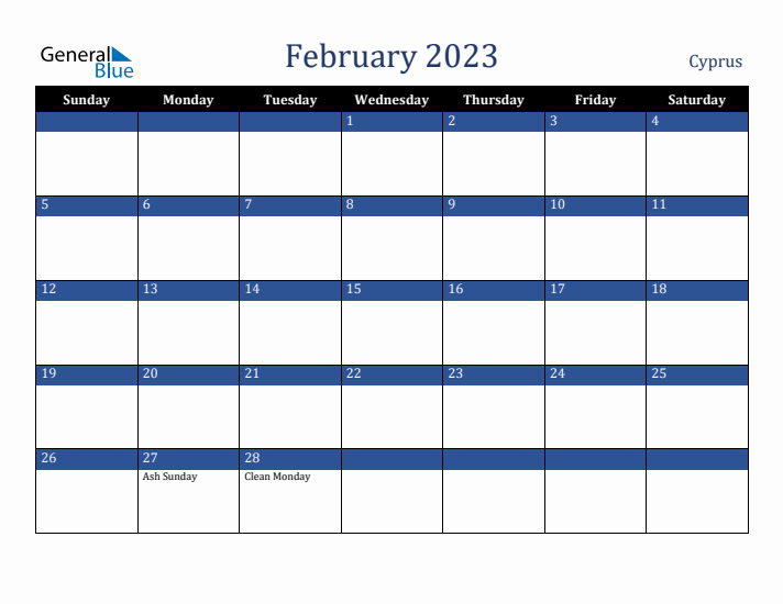 February 2023 Cyprus Calendar (Sunday Start)