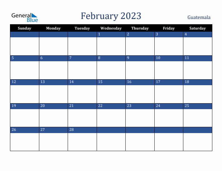 February 2023 Guatemala Calendar (Sunday Start)