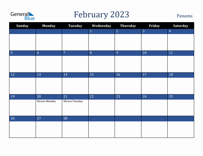 February 2023 Panama Calendar (Sunday Start)