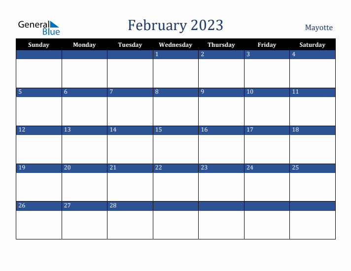 February 2023 Mayotte Calendar (Sunday Start)