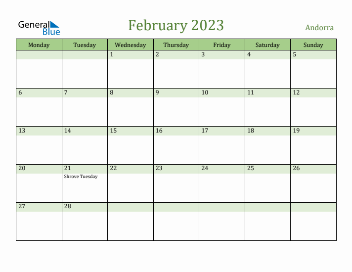 February 2023 Calendar with Andorra Holidays