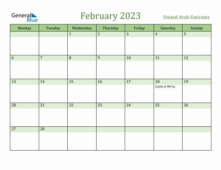 February 2023 Calendar with United Arab Emirates Holidays