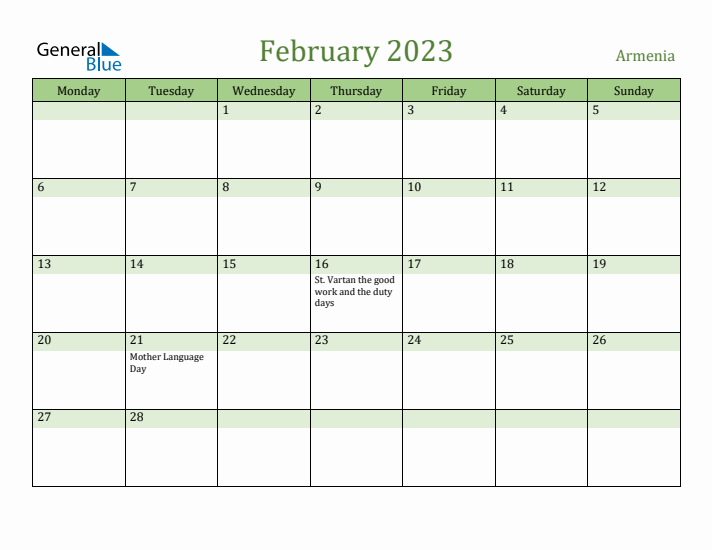 February 2023 Calendar with Armenia Holidays