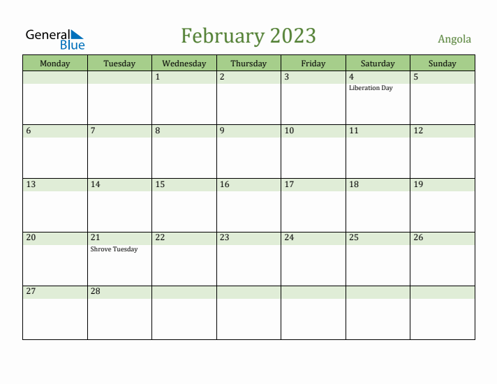 February 2023 Calendar with Angola Holidays