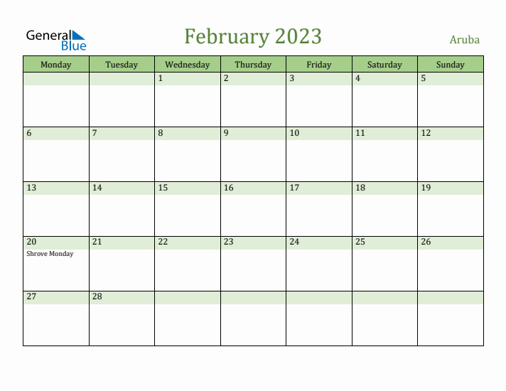 February 2023 Calendar with Aruba Holidays