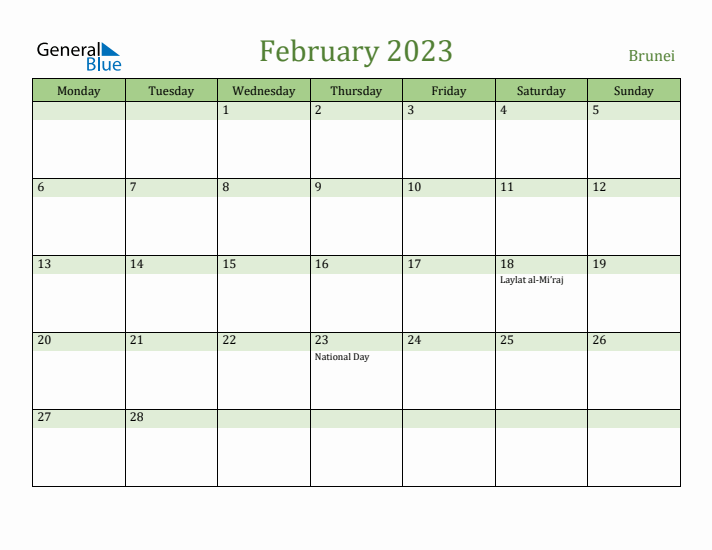 February 2023 Calendar with Brunei Holidays