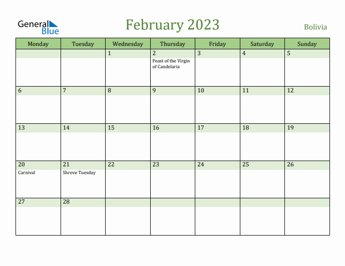 February 2023 Calendar with Bolivia Holidays