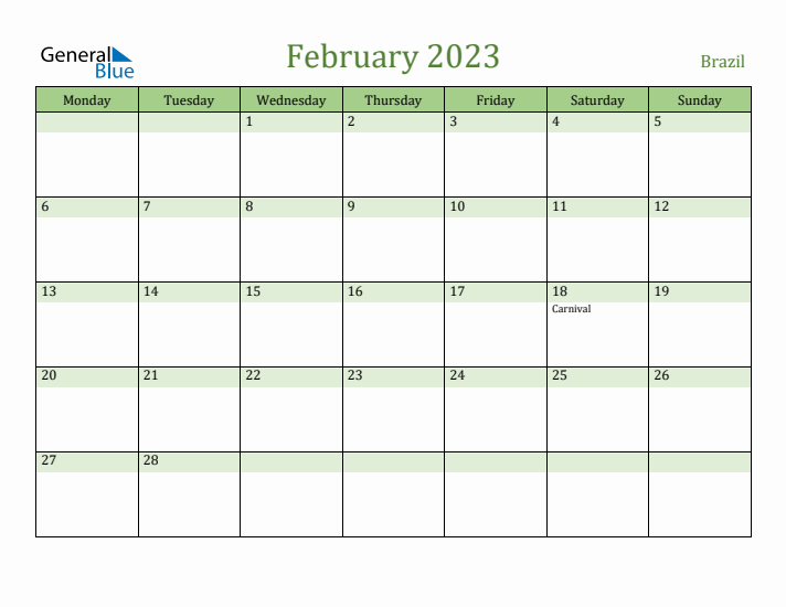 February 2023 Calendar with Brazil Holidays