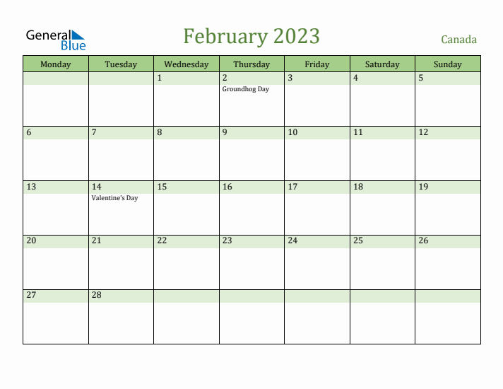 February 2023 Calendar with Canada Holidays