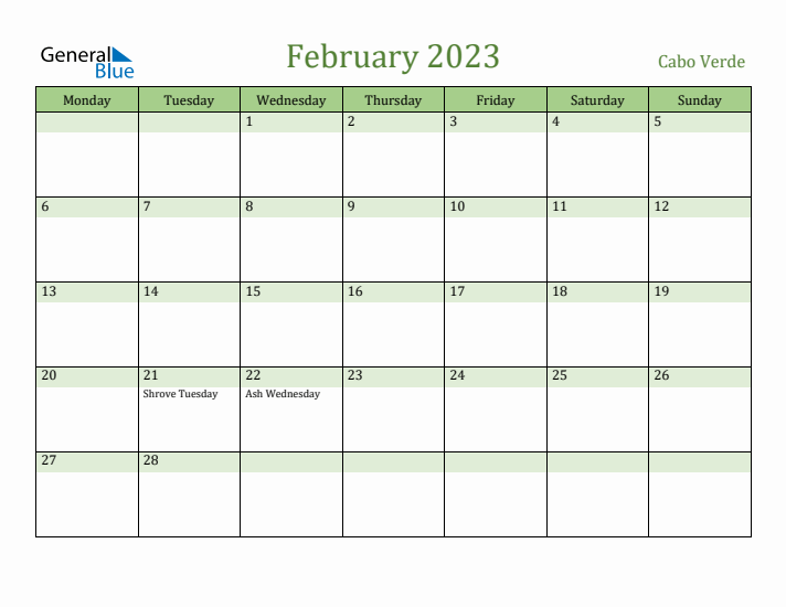 February 2023 Calendar with Cabo Verde Holidays