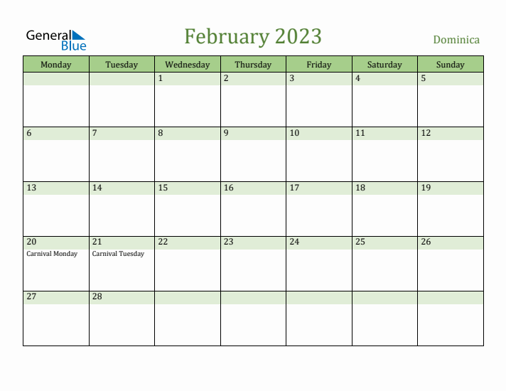 February 2023 Calendar with Dominica Holidays