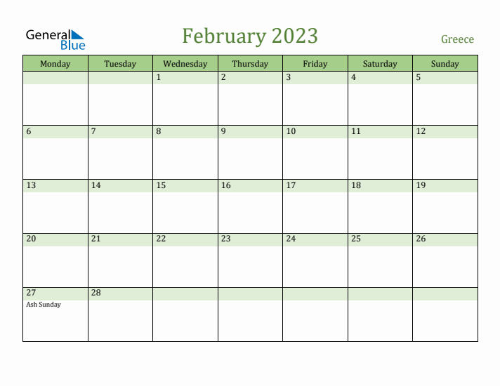 February 2023 Calendar with Greece Holidays