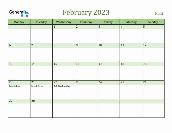 February 2023 Calendar with Haiti Holidays