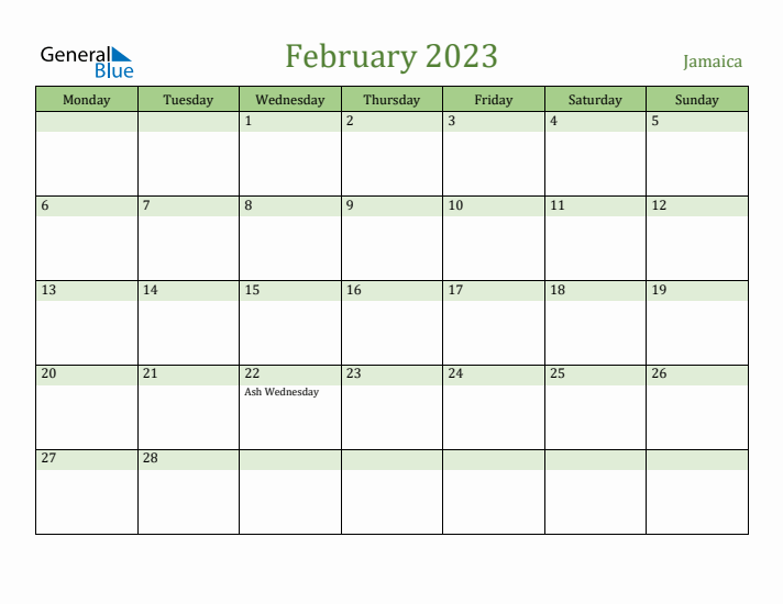 February 2023 Calendar with Jamaica Holidays