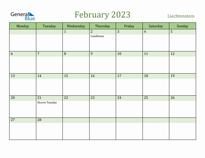 February 2023 Calendar with Liechtenstein Holidays